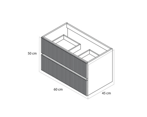 Technische tekening van een wastafelonderkast met latjesfront, afmetingen: breedte 60 centimeter, hoogte 50 centimeter, diepte 45 centimeter.