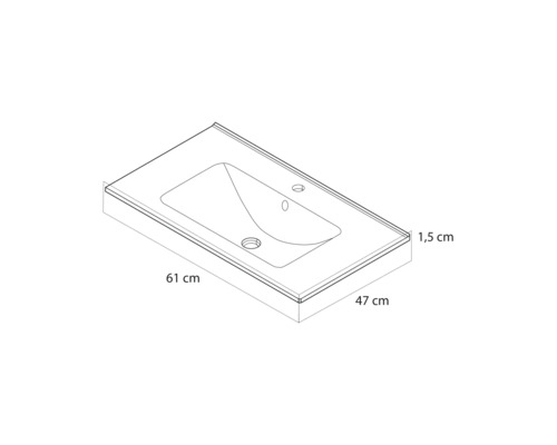 Technische tekening van een wastafel met de afmetingen 61 centimeter breedte, 47 centimeter diepte en 1,5 centimeter dikte.