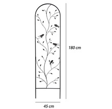 Zwart metalen klimplantenrek met decoratief blad- en vogelmotief, hoogte 180 centimeter, breedte 45 centimeter.