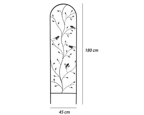 Zwart metalen klimplantenrek met decoratief blad- en vogelmotief, hoogte 180 centimeter, breedte 45 centimeter.