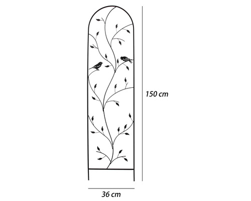Klimplantenrek van metaal met blad- en vogelmotief, 150 bij 36 centimeter.