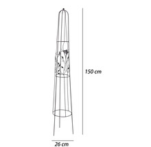 Metalen klimplantenobelisk met vogel- en bladdecoratie, hoogte 150 centimeter, diameter 26 centimeter.
