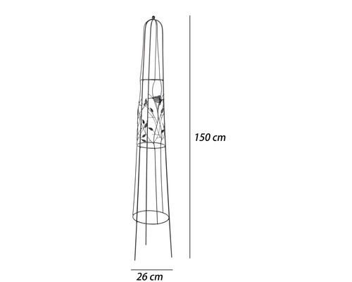 Metalen klimplantenobelisk met vogel- en bladdecoratie, hoogte 150 centimeter, diameter 26 centimeter.