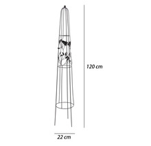Metalen klimhulp obelisk met vogel- en bladmotief, hoogte 120 centimeter, breedte 22 centimeter.