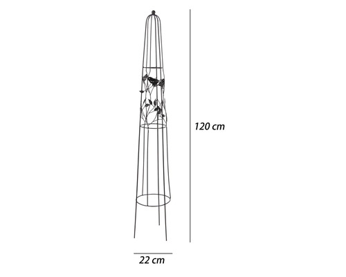 Metalen klimhulp obelisk met vogel- en bladmotief, hoogte 120 centimeter, breedte 22 centimeter.