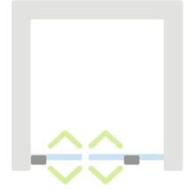Schematische weergave van een dubbele doordraaiende deur die in beide richtingen opent.