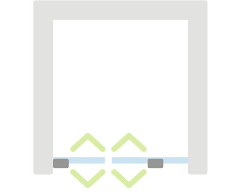 Schematische weergave van een dubbele doordraaiende deur die in beide richtingen opent.