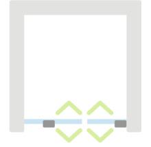 Schematische weergave van een tweevleugelige doordraaideur met tweezijdige openingsrichting.