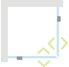 Schematische weergave van een douchecabine met hoekinstap.