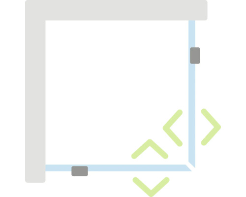 Schematische weergave van een douchecabine met hoekinstap.