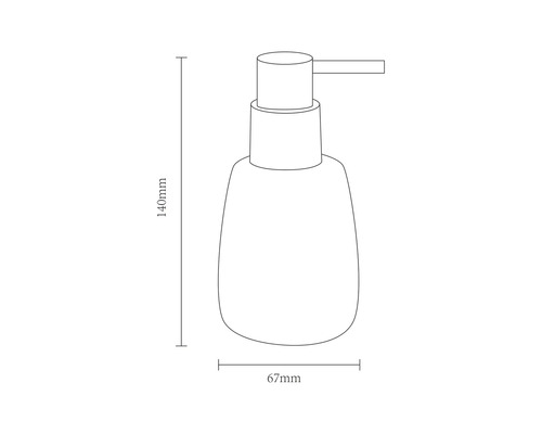 Technische tekening van een zeepdispenser met een hoogte van 140 millimeter en een breedte van 67 millimeter.