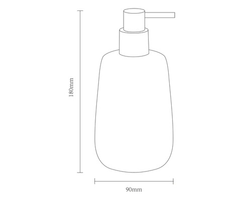 Schets van een zeepdispenser met afmetingen: hoogte 180 millimeter, breedte 90 millimeter.