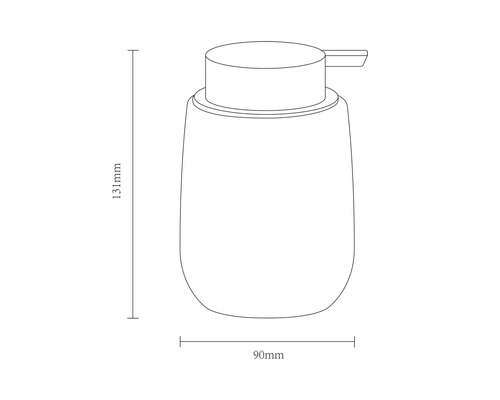 Schets van een zeepdispenser met een hoogte van 131 millimeter en een breedte van 90 millimeter.