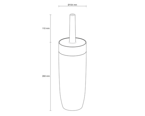 Maatschets van een toiletborstelgarnituur met diameter 104 millimeter, houderhoogte 260 millimeter en handgreephoogte 110 millimeter.