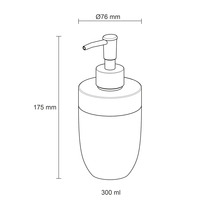 Schets van een zeepdispenser met afmetingen: hoogte 175 millimeter, diameter 76 millimeter, inhoud 300 milliliter.