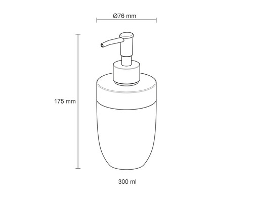 Schets van een zeepdispenser met afmetingen: hoogte 175 millimeter, diameter 76 millimeter, inhoud 300 milliliter.