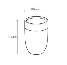 Maattekening van een tandenborstelbeker met een diameter van 76 millimeter en een hoogte van 110 millimeter.