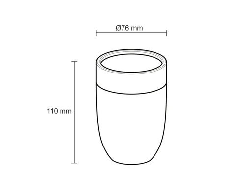 Maattekening van een tandenborstelbeker met een diameter van 76 millimeter en een hoogte van 110 millimeter.