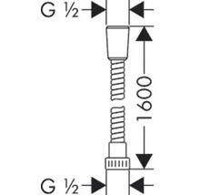 Technische tekening van een doucheslang met een lengte van 1600 millimeter en G 1/2 inch aansluitingen