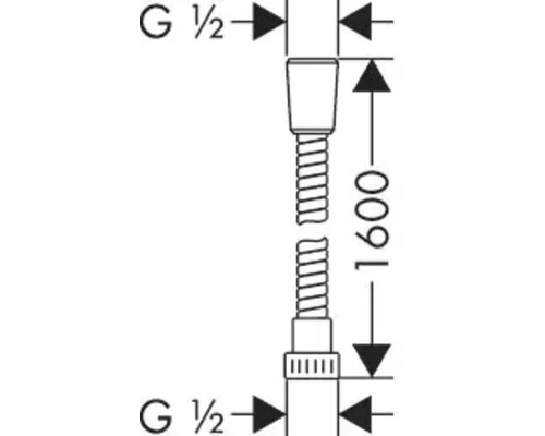 Technische tekening van een doucheslang met een lengte van 1600 millimeter en G 1/2 inch aansluitingen