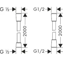 Technische tekening van een doucheslang met een lengte van 2000 millimeter en G 1/2 inch aansluitingen
