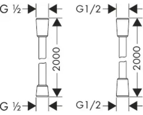 Technische tekening van een doucheslang met een lengte van 2000 millimeter en G 1/2 inch aansluitingen