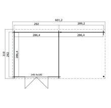 Plattegrondtekening van een tuinhuis met gedetailleerde afmetingen in centimeters voor planning en montage.
