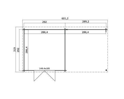 Plattegrondtekening van een tuinhuis met gedetailleerde afmetingen in centimeters voor planning en montage.
