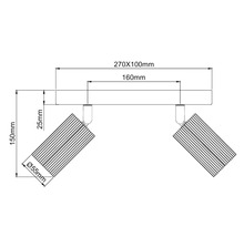 Technische tekening van een plafondspot met twee lichtbronnen met afmetingen in millimeters.