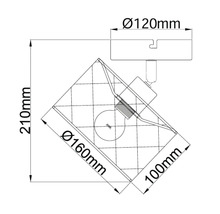 Technische tekening met afmetingen van een plafondspot met rasterpatroon kap en 120 millimeter basisdiameter.