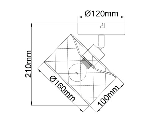 Technische tekening met afmetingen van een plafondspot met rasterpatroon kap en 120 millimeter basisdiameter.