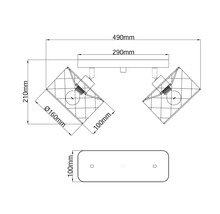 Maattekening van een plafondlamp met twee lichtpunten, verstelbare spots en gedetailleerde afmetingen in millimeters
