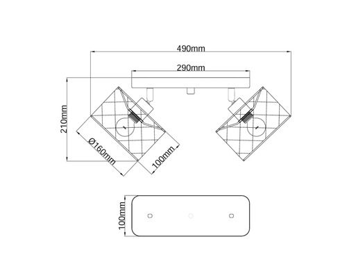 Maattekening van een plafondlamp met twee lichtpunten, verstelbare spots en gedetailleerde afmetingen in millimeters