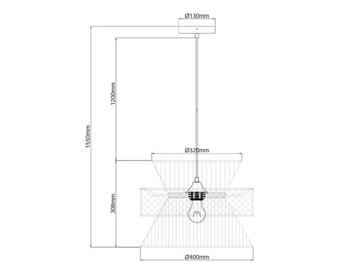 Technische tekening van een hanglamp met afmetingen voor plafondbevestiging en kapdiameter.