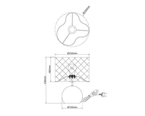 Technische tekening van een tafellamp met afmetingen voor de productmaten.