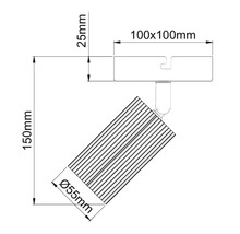 Maattekening van een plafondspot met afmetingen van 100 bij 100 millimeter voor de basis en 55 millimeter diameter voor de lampkop.