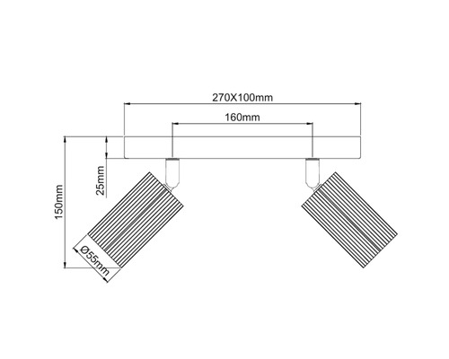 Technische tekening van een plafondspot met twee lichtbronnen met afmetingen in millimeters.