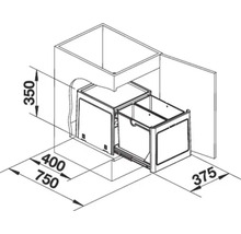 Technische tekening van een afvalscheidingssysteem voor in de keukenkast met afmetingen in millimeters