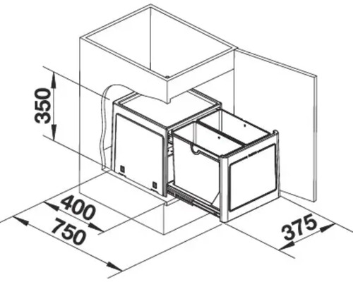 Technische tekening van een afvalscheidingssysteem voor in de keukenkast met afmetingen in millimeters