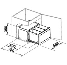 Technische tekening van een uittrekbaar afvalscheidingssysteem voor keukenkastjes met afmetingen.