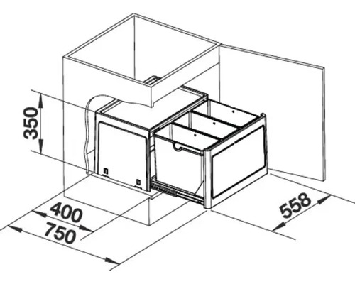 Technische tekening van een uittrekbaar afvalscheidingssysteem voor keukenkastjes met afmetingen.