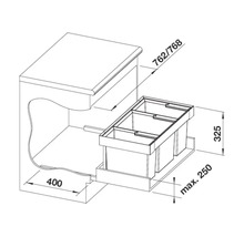 Maattekening van een afvalscheidingssysteem voor in de keukenkast met drie emmers en inbouwmaten in millimeter.