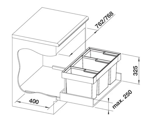 Maattekening van een afvalscheidingssysteem voor in de keukenkast met drie emmers en inbouwmaten in millimeter.