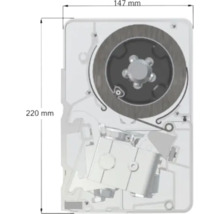 Technisch diagram van een rolluikbandopwinder met een breedte van 147 millimeter en een hoogte van 220 millimeter.