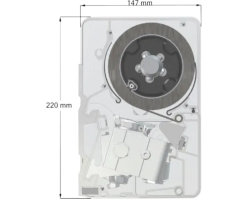 Technisch diagram van een rolluikbandopwinder met een breedte van 147 millimeter en een hoogte van 220 millimeter.