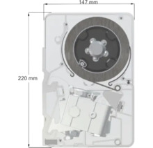Inbouw rolluikbandopwinder met veer, afmetingen 220 millimeter bij 147 millimeter, technisch diagram