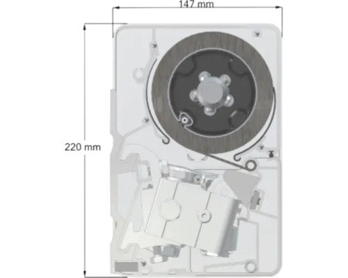 Inbouw rolluikbandopwinder met veer, afmetingen 220 millimeter bij 147 millimeter, technisch diagram