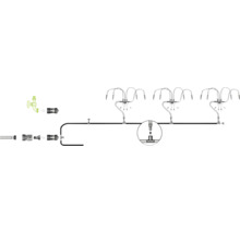 Installatieschema voor een irrigatiesysteem met kraanaansluiting, slangen en meerdere microsprinklers voor tuinirrigatie