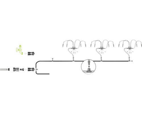 Installatieschema voor een irrigatiesysteem met kraanaansluiting, slangen en meerdere microsprinklers voor tuinirrigatie