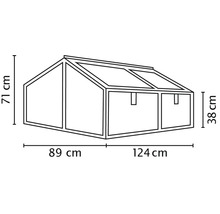 Lijntekening van een koude bak met afmetingen van 213 centimeter breed en 71 centimeter hoog